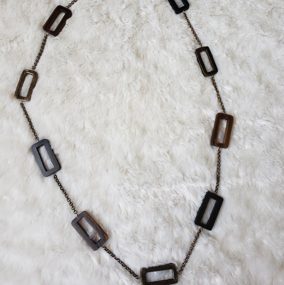 Boho Brown Black & Metal Necklace Rectangle 18"